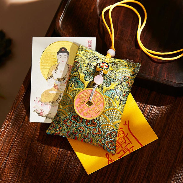 Buddha Stones Chinese Zodiac Natal Buddha Copper Coins Sachet Blessing Hanging Decoration - Green Fabric - Dog/Pig-Amitabha Buddha - image 7