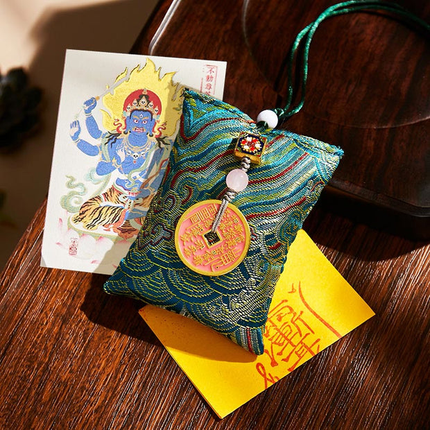 Buddha Stones Chinese Zodiac Natal Buddha Copper Coins Sachet Blessing Hanging Decoration - Dark Green Fabric - Rooster-Acalanatha - image 11
