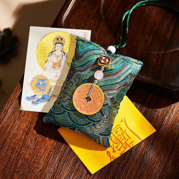 Buddha Stones Chinese Zodiac Natal Buddha Copper Coins Sachet Blessing Hanging Decoration - Dark Green Fabric - Rabbit-Manjushri Bodhisattva - image 8
