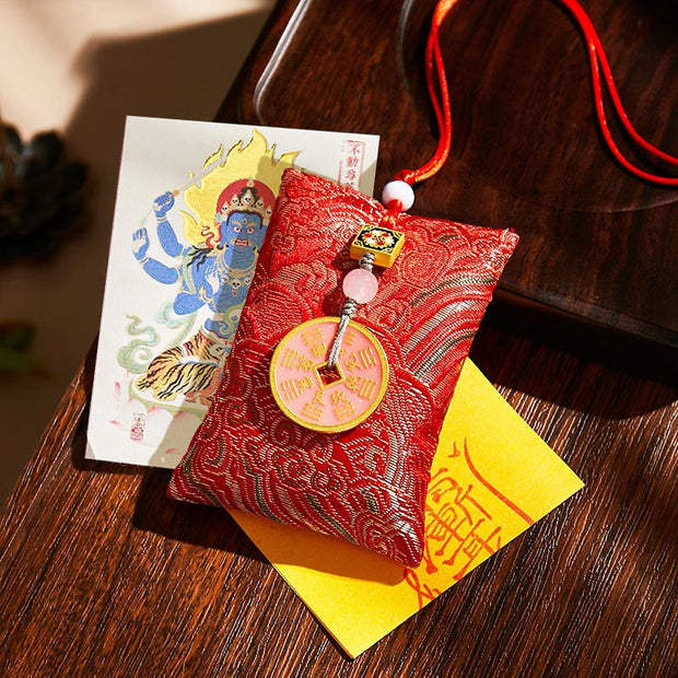 Buddha Stones Chinese Zodiac Natal Buddha Copper Coins Sachet Blessing Hanging Decoration - Red Fabric - Rooster-Acalanatha - image 19