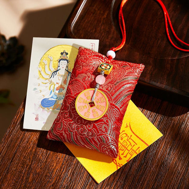 Buddha Stones Chinese Zodiac Natal Buddha Copper Coins Sachet Blessing Hanging Decoration - Red Fabric - Rat-Thousand-armed Avalokitesvara - image 25
