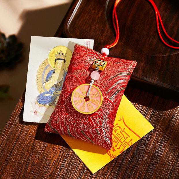 Buddha Stones Chinese Zodiac Natal Buddha Copper Coins Sachet Blessing Hanging Decoration - Red Fabric - Goat/Monkey-Tathagata - image 21