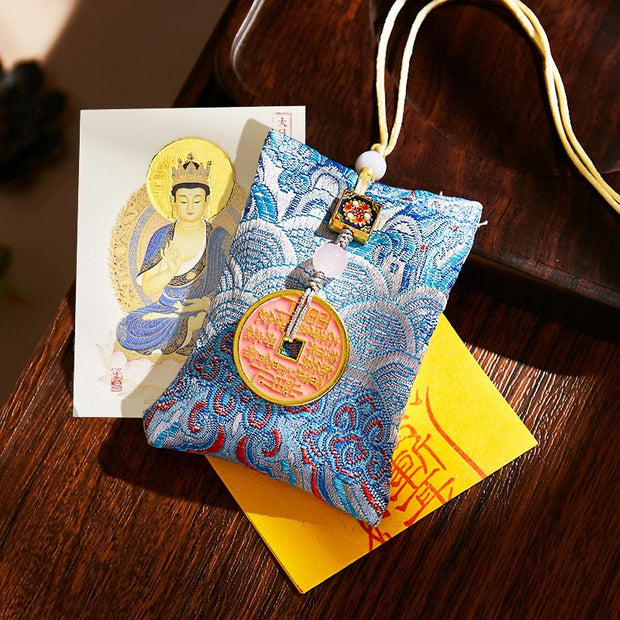 Buddha Stones Chinese Zodiac Natal Buddha Copper Coins Sachet Blessing Hanging Decoration - Light Blue Fabric - Goat/Monkey-Tathagata - image 29