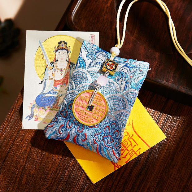 Buddha Stones Chinese Zodiac Natal Buddha Copper Coins Sachet Blessing Hanging Decoration - Light Blue Fabric - Ox/Tiger-Void Bodhisattva - image 26
