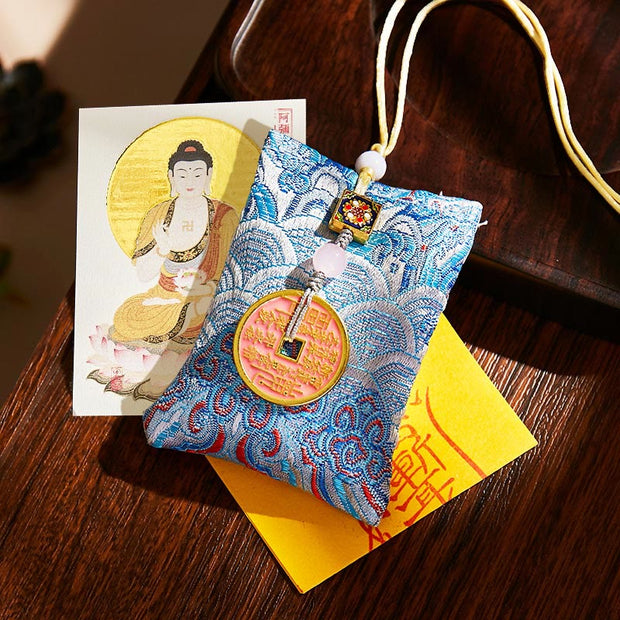 Buddha Stones Chinese Zodiac Natal Buddha Copper Coins Sachet Blessing Hanging Decoration - Light Blue Fabric - Dog/Pig-Amitabha Buddha - image 31