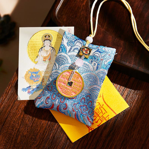 Buddha Stones Chinese Zodiac Natal Buddha Copper Coins Sachet Blessing Hanging Decoration - Light Blue Fabric - Rabbit-Manjushri Bodhisattva - image 24