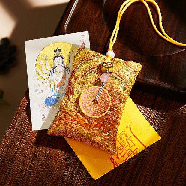 Buddha Stones Chinese Zodiac Natal Buddha Copper Coins Sachet Blessing Hanging Decoration - Yellow Fabric - Rat-Thousand-armed Avalokitesvara - image 33