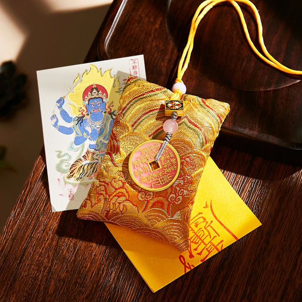 Buddha Stones Chinese Zodiac Natal Buddha Copper Coins Sachet Blessing Hanging Decoration - Yellow Fabric - Rooster-Acalanatha - image 35