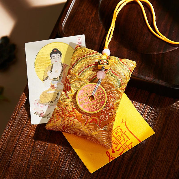 Buddha Stones Chinese Zodiac Natal Buddha Copper Coins Sachet Blessing Hanging Decoration - Yellow Fabric - Dog/Pig-Amitabha Buddha - image 39