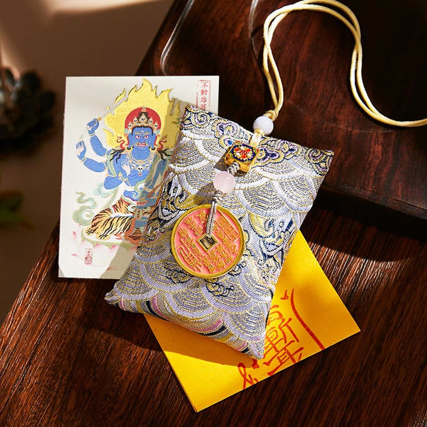 Buddha Stones Chinese Zodiac Natal Buddha Copper Coins Sachet Blessing Hanging Decoration - Gray Fabric - Rooster-Acalanatha - image 43