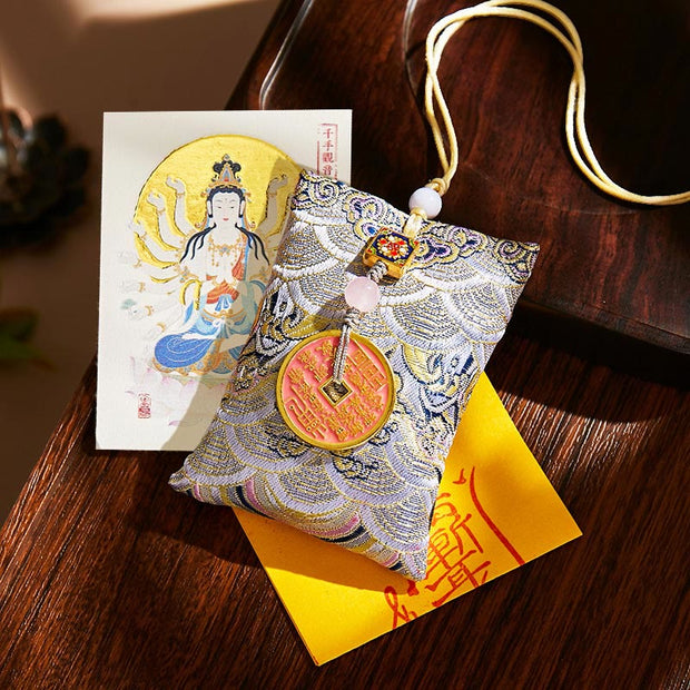 Buddha Stones Chinese Zodiac Natal Buddha Copper Coins Sachet Blessing Hanging Decoration - Gray Fabric - Rat-Thousand-armed Avalokitesvara - image 41