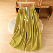 Buddha Stones Plain Elastic Waist Women's Cropped 7-8 Length Wide Leg Corduroy Pants - Yellow - US4，UK/AU8，EU36 (F) - image 1