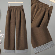 Buddha Stones Plain Elastic Waist Patchwork Plaid Women's Ankle-Length Wide Leg Corduroy Pants - image 3