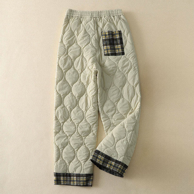 Buddha Stones Winter Curved Lines Elastic Waist Drawstring Patchwork Plaid Cotton Thermal Women's Pants With Pockets - image 6