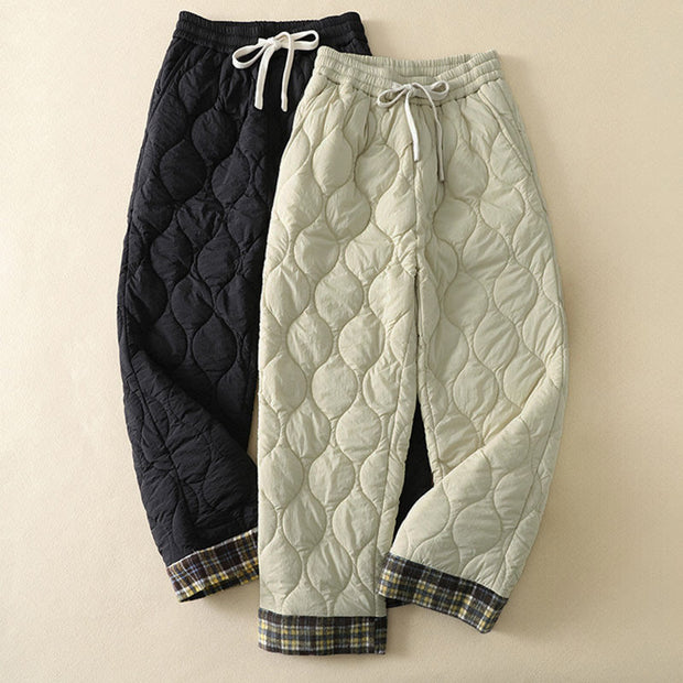Buddha Stones Winter Curved Lines Elastic Waist Drawstring Patchwork Plaid Cotton Thermal Women's Pants With Pockets - image 15