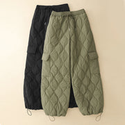 Buddha Stones Winter Curved Lines Elastic Waist Drawstring Cotton Thermal Women's Pants With Pockets - image 1