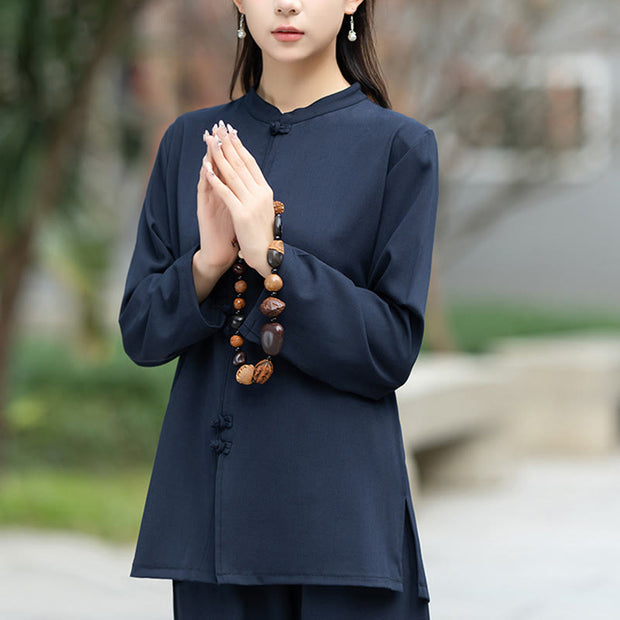 Buddha Stones 2Pcs Chinese Frog-Button Long Sleeve Shirt Top Pants Meditation Zen Tai Chi Cotton Clothing Women's Set - image 6