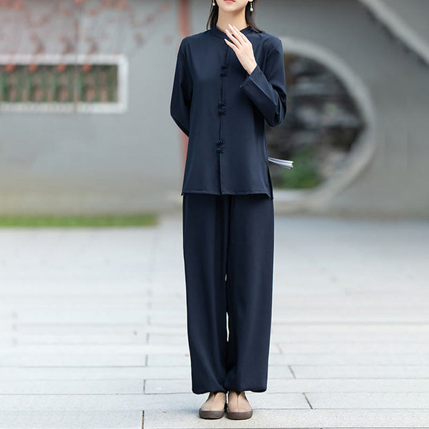 Buddha Stones 2Pcs Chinese Frog-Button Long Sleeve Shirt Top Pants Meditation Zen Tai Chi Cotton Clothing Women's Set - image 3