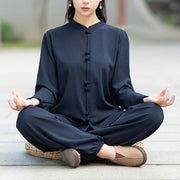Buddha Stones 2Pcs Chinese Frog-Button Long Sleeve Shirt Top Pants Meditation Zen Tai Chi Cotton Clothing Women's Set - image 2