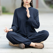 Buddha Stones 2Pcs Chinese Frog-Button Long Sleeve Shirt Top Pants Meditation Zen Tai Chi Cotton Clothing Women's Set - SteelBlue - US8-10，UK/AU12-14，EU40-42 (2XL) - image 0