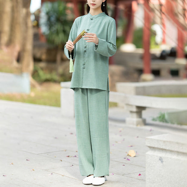 Buddha Stones 2Pcs Chinese Frog-Button Long Sleeve Shirt Top Pants Meditation Zen Tai Chi Cotton Clothing Women's Set - image 13