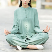 Buddha Stones 2Pcs Chinese Frog-Button Long Sleeve Shirt Top Pants Meditation Zen Tai Chi Cotton Clothing Women's Set - PaleTurquoise - US8-10，UK/AU12-14，EU40-42 (2XL) - image 8