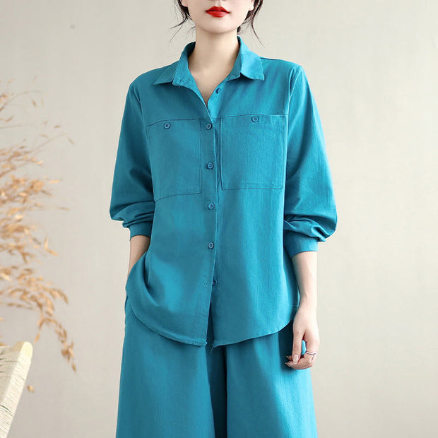 Buddha Stones 2Pcs Fall Solid Color Cotton Buttons Down Long Sleeve Shirt Ankle-Length Wide Leg Pants Women's Set With Pockets - image 17