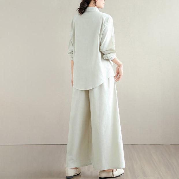 Buddha Stones 2Pcs Fall Solid Color Cotton Buttons Down Long Sleeve Shirt Ankle-Length Wide Leg Pants Women's Set With Pockets - image 3
