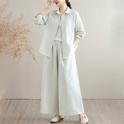 Buddha Stones 2Pcs Fall Solid Color Cotton Buttons Down Long Sleeve Shirt Ankle-Length Wide Leg Pants Women's Set With Pockets - Beige - US8-10，UK/AU12-14，EU40-42 (2XL) - image 0