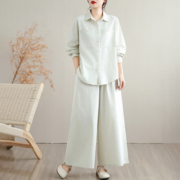 Buddha Stones 2Pcs Fall Solid Color Cotton Buttons Down Long Sleeve Shirt Ankle-Length Wide Leg Pants Women's Set With Pockets - image 1