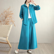 Buddha Stones 2Pcs Fall Solid Color Cotton Buttons Down Long Sleeve Shirt Ankle-Length Wide Leg Pants Women's Set With Pockets - DeepSkyBlue - US8-10，UK/AU12-14，EU40-42 (2XL) - image 12