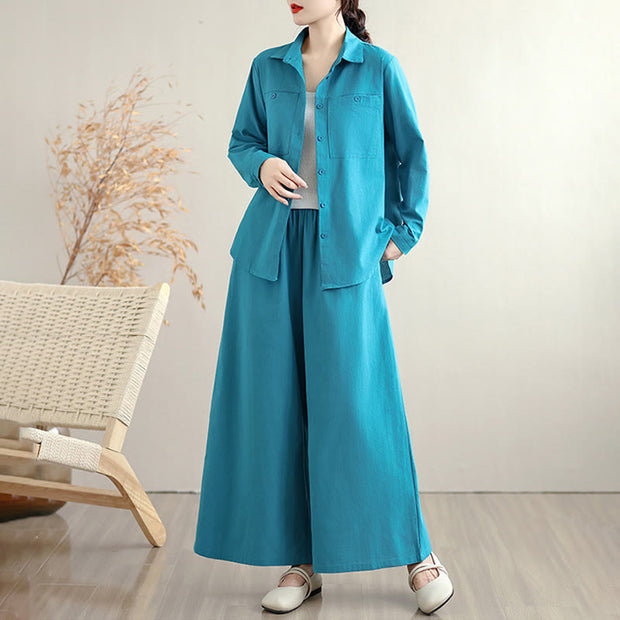 Buddha Stones 2Pcs Fall Solid Color Cotton Buttons Down Long Sleeve Shirt Ankle-Length Wide Leg Pants Women's Set With Pockets - image 14