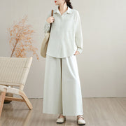 Buddha Stones 2Pcs Fall Solid Color Cotton Buttons Down Long Sleeve Shirt Ankle-Length Wide Leg Pants Women's Set With Pockets - image 2