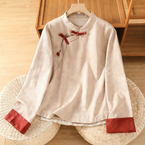 Buddha Stones Fall Jacquard Floral Print Frog-Button Stand Collar Long Sleeve Women's Cotton Shirt - Beige - US8-10，UK/AU12-14，EU40-42 (2XL) - image 16