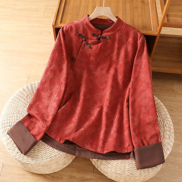 Buddha Stones Fall Jacquard Floral Print Frog-Button Stand Collar Long Sleeve Women's Cotton Shirt - Red - US8-10，UK/AU12-14，EU40-42 (2XL) - image 0