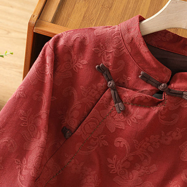 Buddha Stones Fall Jacquard Floral Print Frog-Button Stand Collar Long Sleeve Women's Cotton Shirt - image 4