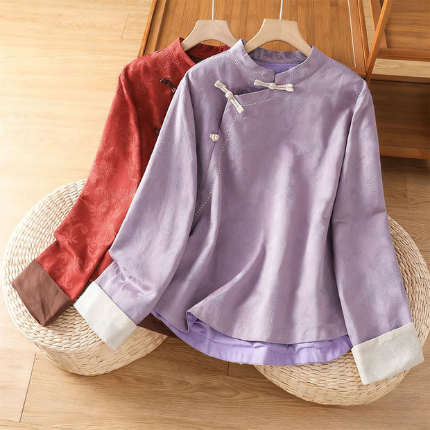 Buddha Stones Fall Jacquard Floral Print Frog-Button Stand Collar Long Sleeve Women's Cotton Shirt - image 15