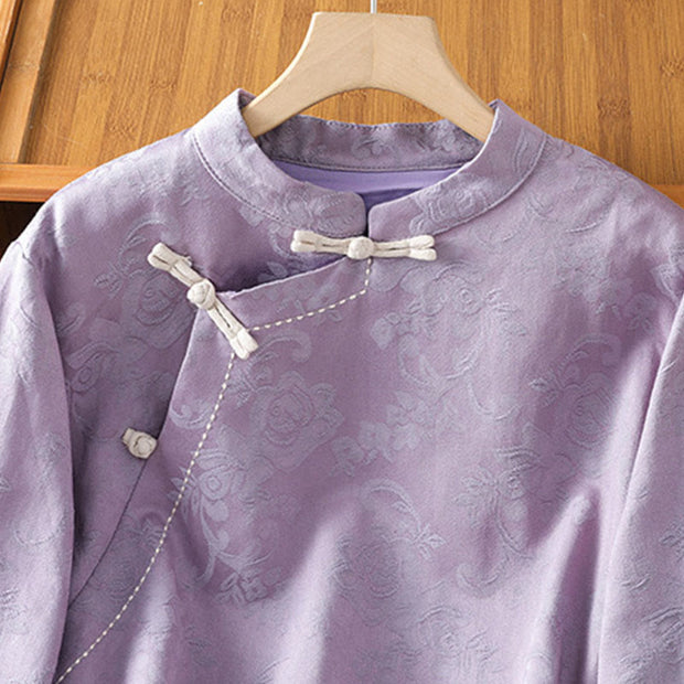 Buddha Stones Fall Jacquard Floral Print Frog-Button Stand Collar Long Sleeve Women's Cotton Shirt - image 10