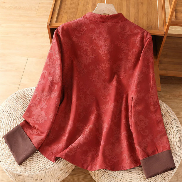 Buddha Stones Fall Jacquard Floral Print Frog-Button Stand Collar Long Sleeve Women's Cotton Shirt - image 1