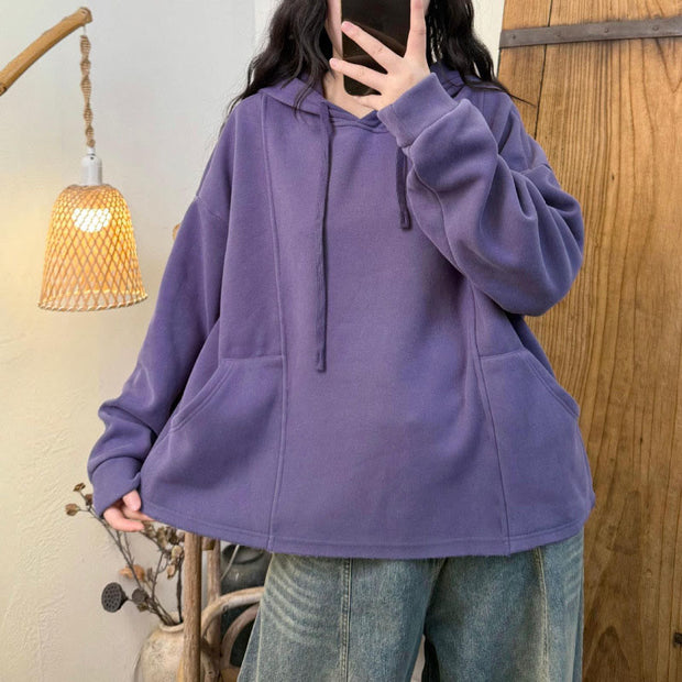Buddha Stones Winter Solid Color Fleece-lined Cotton Long Sleeve Women's Hoodie With Pockets - image 9