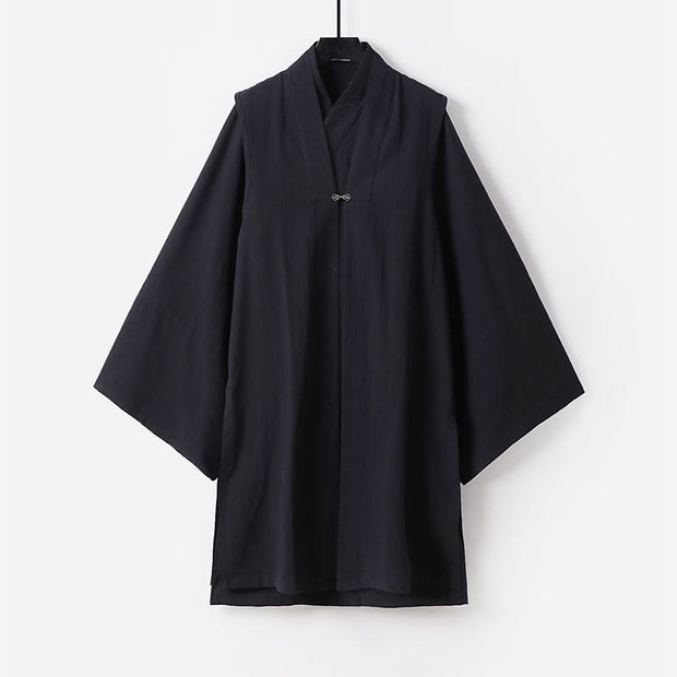 Buddha Stones 2Pcs Fall Solid Long Sleeve Men's Taoist Long Robe Lace-up Kimono Sleeveless Vest Qigong Ceremony Suit - Black - US/UK/AU54，EU64 (9XL) - image 14