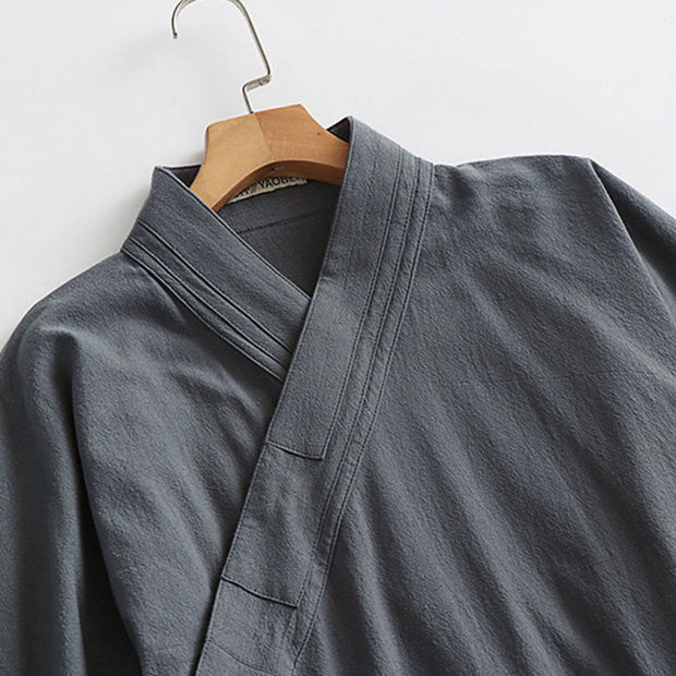 Buddha Stones 2Pcs Fall Solid Long Sleeve Men's Taoist Long Robe Lace-up Kimono Sleeveless Vest Qigong Ceremony Suit - image 10