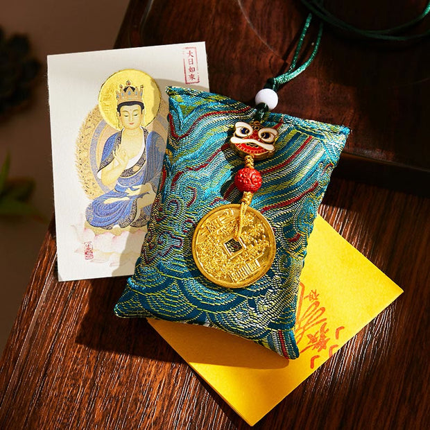 Buddha Stones Chinese Zodiac Natal Buddha Mountain Ghosts Spend Money Copper Coins Sachet Hanging Decoration - Dark Green Fabric - Goat/Monkey-Tathagata - image 10