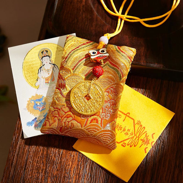 Buddha Stones Chinese Zodiac Natal Buddha Mountain Ghosts Spend Money Copper Coins Sachet Hanging Decoration - Yellow Fabric - Rabbit-Manjushri Bodhisattva - image 16