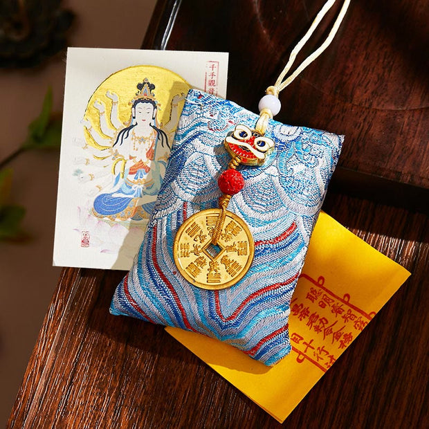Buddha Stones Chinese Zodiac Natal Buddha Mountain Ghosts Spend Money Copper Coins Sachet Hanging Decoration - Light Blue Fabric - Rat-Thousand-armed Avalokitesvara - image 41