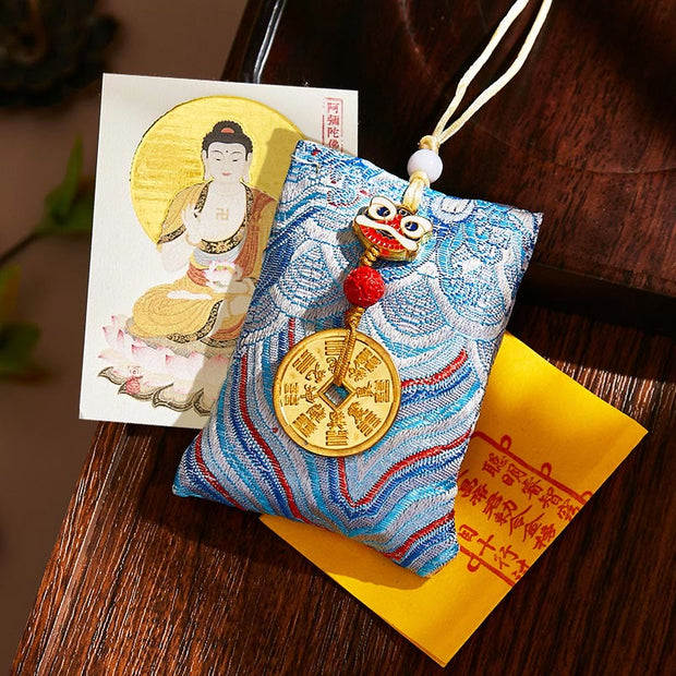 Buddha Stones Chinese Zodiac Natal Buddha Mountain Ghosts Spend Money Copper Coins Sachet Hanging Decoration - Light Blue Fabric - Dog/Pig-Amitabha Buddha - image 47