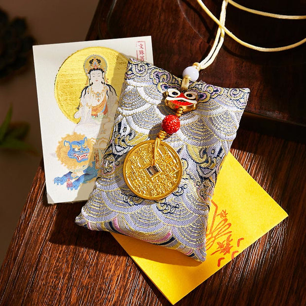 Buddha Stones Chinese Zodiac Natal Buddha Mountain Ghosts Spend Money Copper Coins Sachet Hanging Decoration - Gray Fabric - Rabbit-Manjushri Bodhisattva - image 48