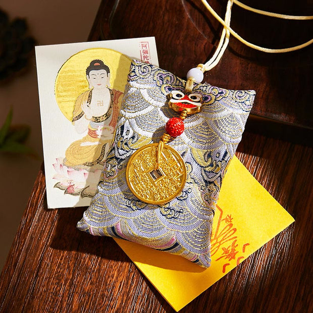 Buddha Stones Chinese Zodiac Natal Buddha Mountain Ghosts Spend Money Copper Coins Sachet Hanging Decoration - Gray Fabric - Dog/Pig-Amitabha Buddha - image 55