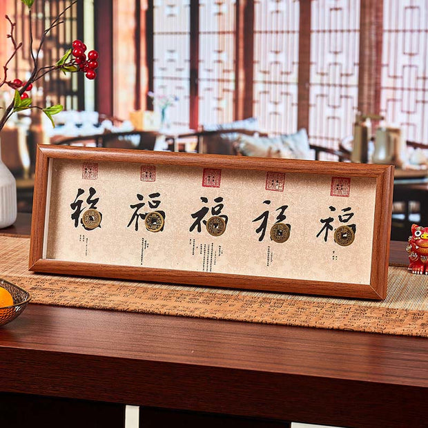 Buddha Stones Fu Character Five-emperor Coins Lucky Fortune Photo Frame Ornament Home Decor - Style3 - Medium Density Fiberboard(13*40*4cm) - image 3