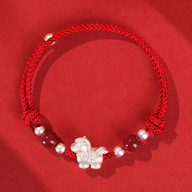 Buddha Stones 999 Sterling Silver Red Agate Year Of The Horse Prosperity String Bracelet - Red Rope(Wrist Circumference: 14-21cm) - image 0